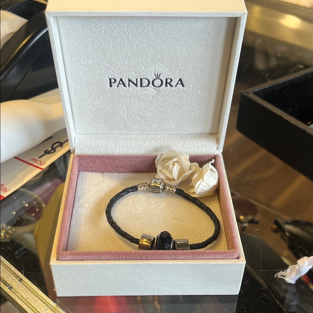Pandora Black Leather Bracelet with Silver Charms